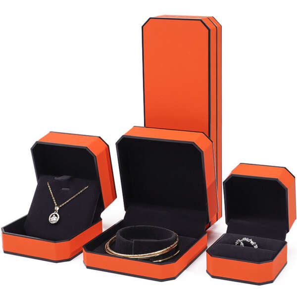 orange leather custom logo jewelry box for necklace earrings - detail view
