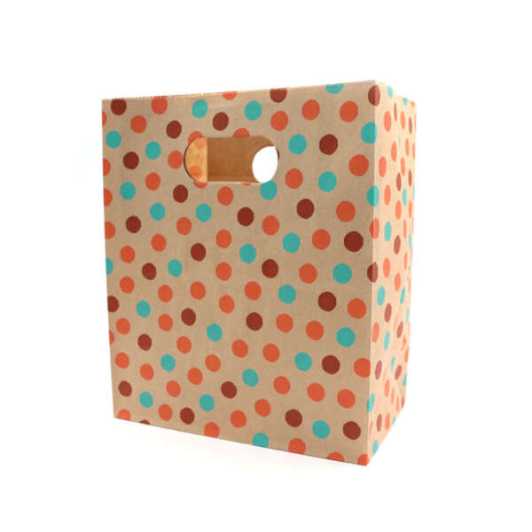 luxury square bottom color printed paper bag with die cut handles - front view