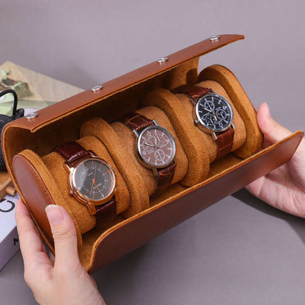 portable leather watch organizer gift box for travel watch packaging - front view