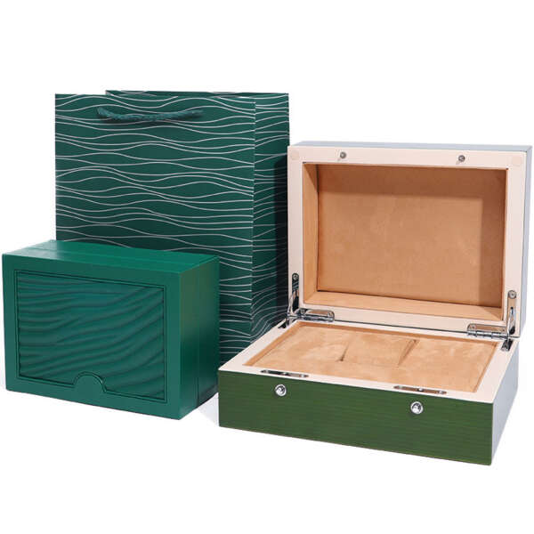 flipped wooden watch travel box with tote bag for luxury gift packaging - detail view