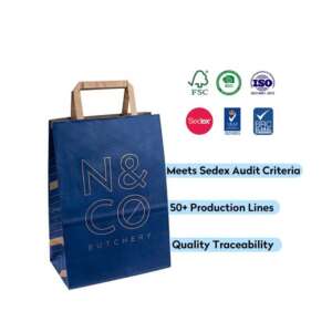 white brown kraft shopping paper bag with handles and custom logo - front view