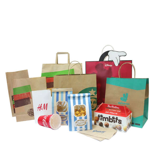 kraft food clothes shopping paper bag showing 8-color flexo printing, concise retail style and custom OEM/ODM support