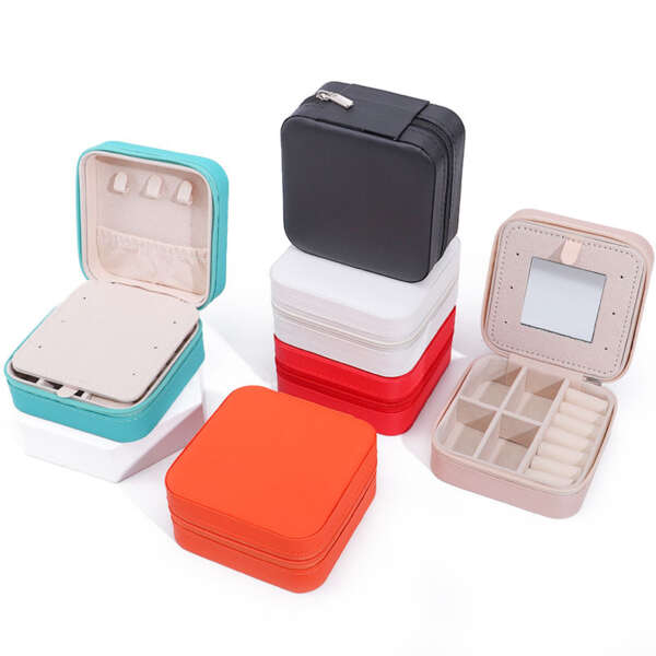 travel portable square jewelry zipper storage box with mirror - detail view