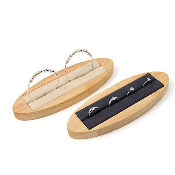 Beige solid wood oval long ring display tray
