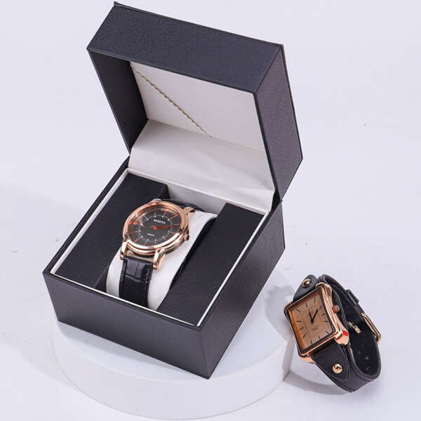 custom logo travel watch box with PU leather inside and black wood detail - product presentation