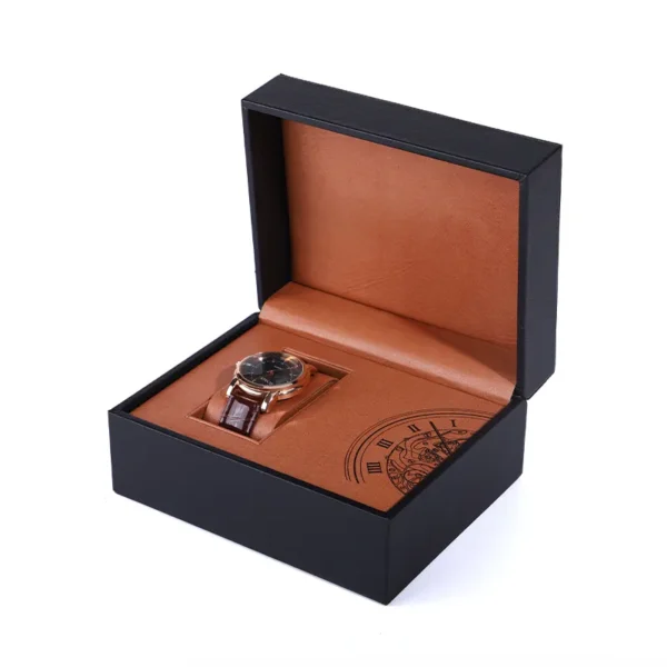 black flip PU leather travel watch case for men and women watches - front view