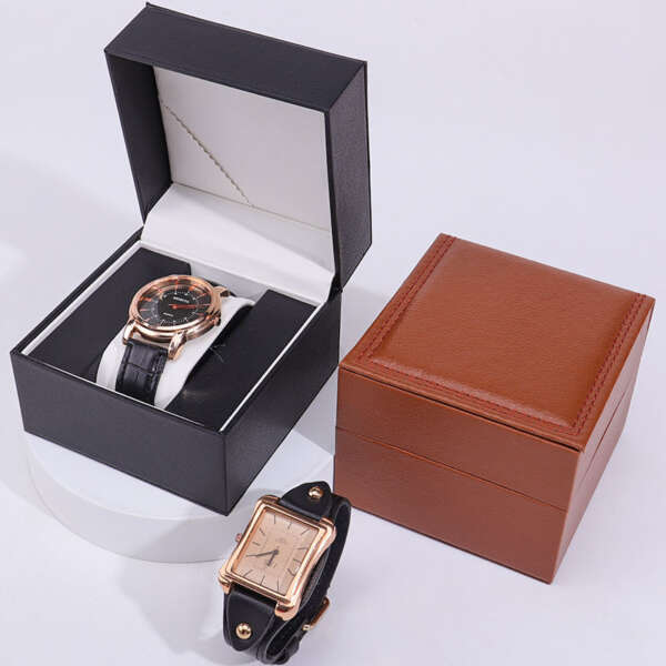 custom logo travel watch box with PU leather inside and black wood detail - retail display