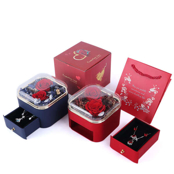 luxury rose drawer jewelry gift box with tote bag - detail view