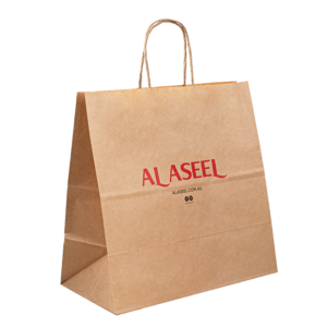 brown recycled paper brown paper carrier bag with rope handles with logo printing detail