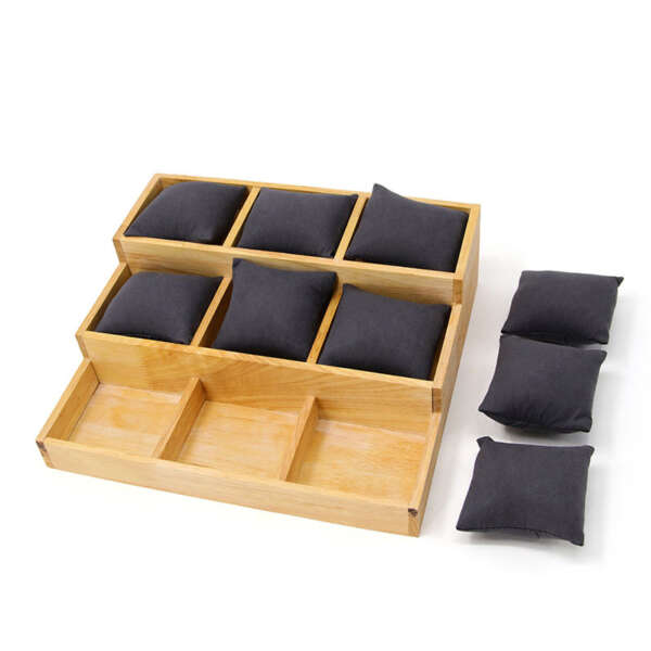 beige solid wood 3 layer pillow tray for watch bracelet display view 5