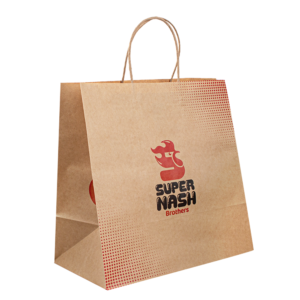 wholesale kraft carrier paper bag with rope handles and logo - side gusset view