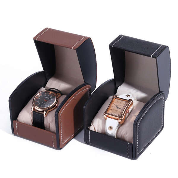 solid color PU leather flip watch box for mechanical watch travel case - front view