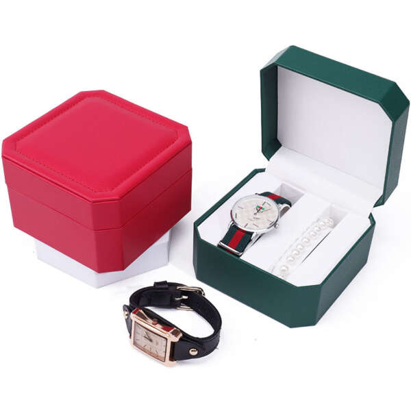 custom logo travel watch gift box with white plastic inside - detail view