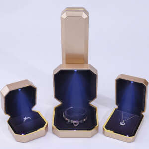 gold painted LED jewelry packaging box for bracelet earrings necklace ring - front view