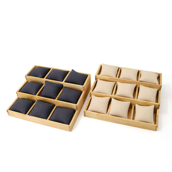 beige solid wood 3 layer pillow tray for watch bracelet display view 6