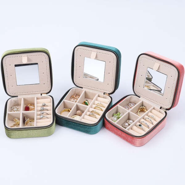 square zipper jewelry box with mirror for earrings necklace pendant ring - detail view