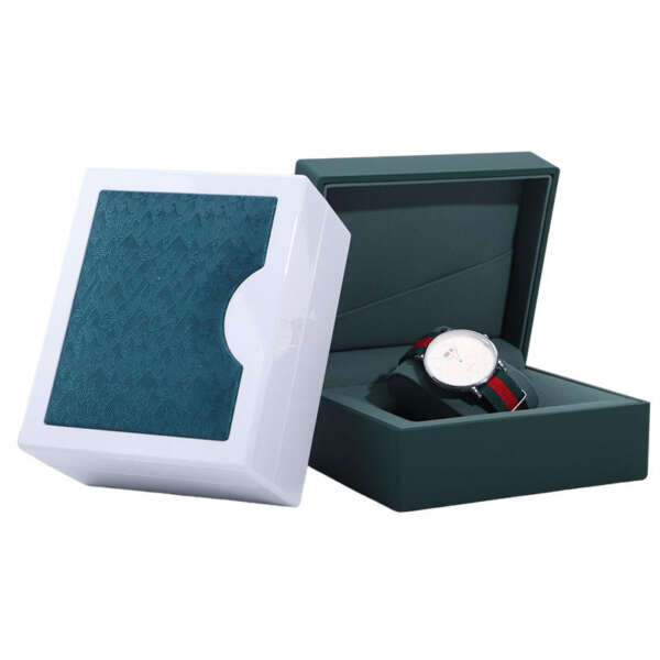 clamshell luxury watch box with custom material packaging - front view