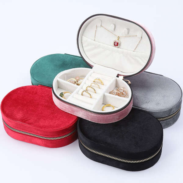 round zipper jewelry storage box for necklace ring earrings - open display view