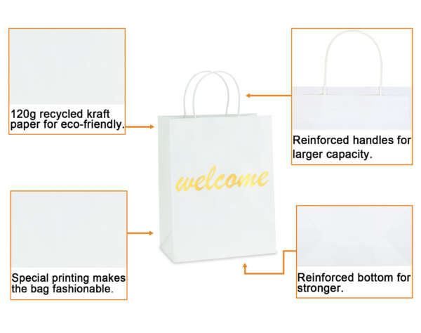 Wholesale gold white rope handle gift bag for custom paper packaging orders