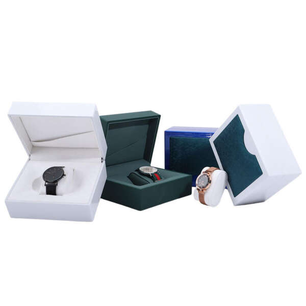 clamshell luxury watch box with custom material packaging - detail view