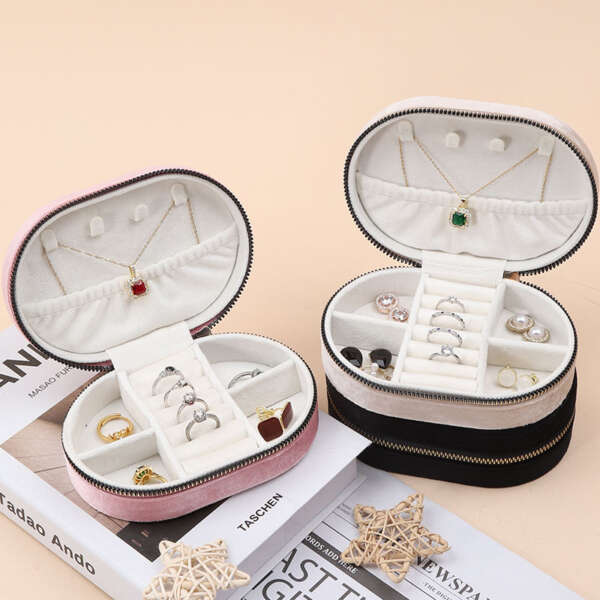 round zipper jewelry storage box for necklace ring earrings - front view