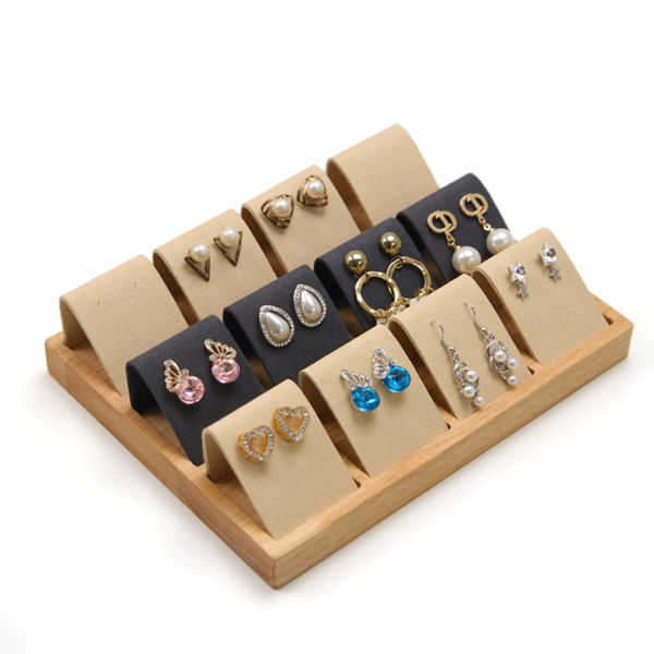 Custom earrings display tray with beige wood finish