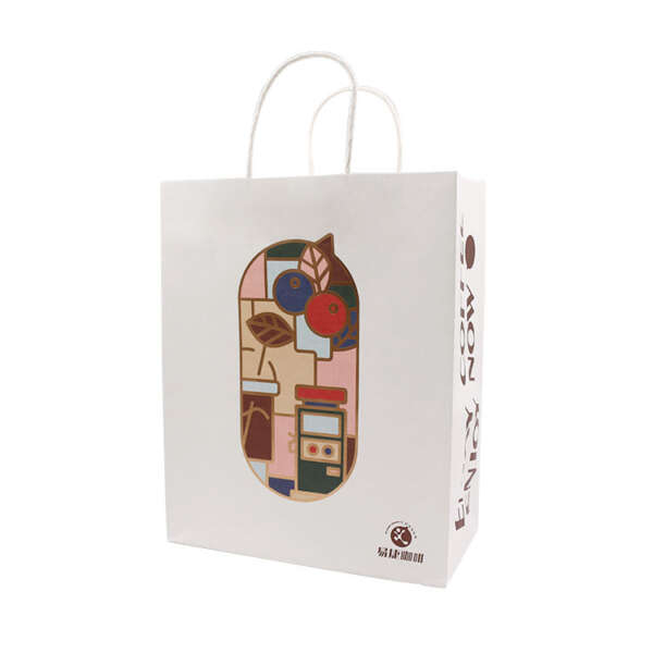 Printed white carrier paper bag with handles for branded paper packaging orders