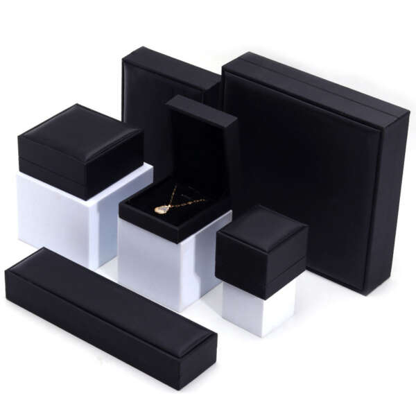 black PU leather jewelry box with thick sponge insert for necklace ring - front view