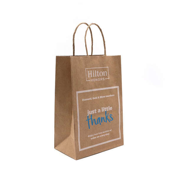 Custom printed kraft shopping bag with handle for small products, retail shopping, gifts and branded takeaway packaging