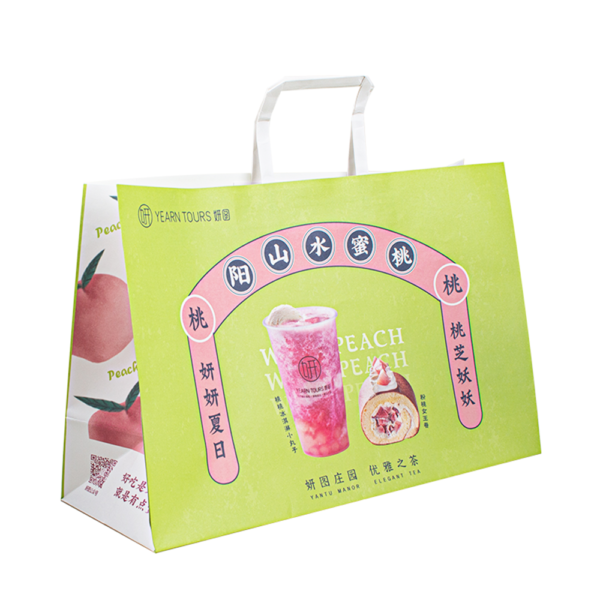 recycled restaurant delivery shopping paper bag showing handle construction, custom logo printing and large wholesale pro...