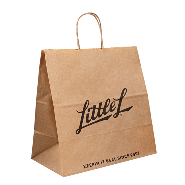 premium recycled kraft tote paper bag showing premium tote handles, personalized logo printing and bulk production