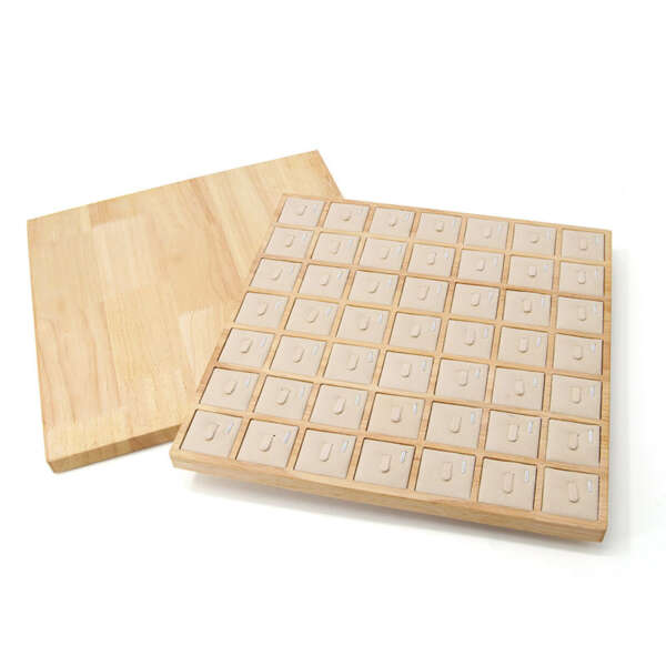 beige solid wood 49 position ring storage display tray view 2
