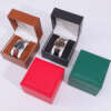 custom logo travel watch box with PU leather inside and black wood detail - front view