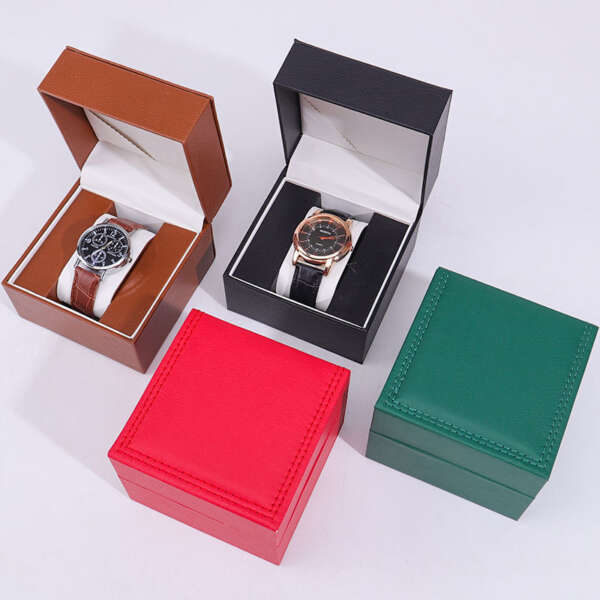 custom logo travel watch box with PU leather inside and black wood detail - front view