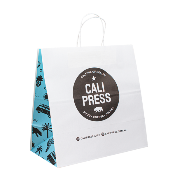 wholesale kraft carrier paper bag with rope handles and logo - print detail view