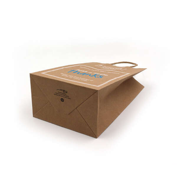 printed kraft shopping bag with handle showing handle construction, logo printing and high quality shopping bag presentation