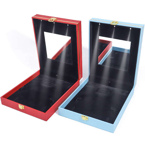 leather LED ring jewelry box with light and mirror for jewelry set - front view