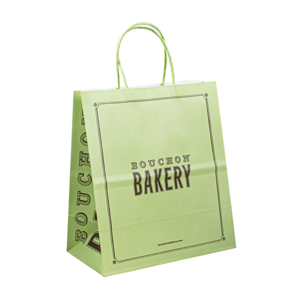 recycled kraft restaurant paper bag with flat handle and logo print - side gusset view
