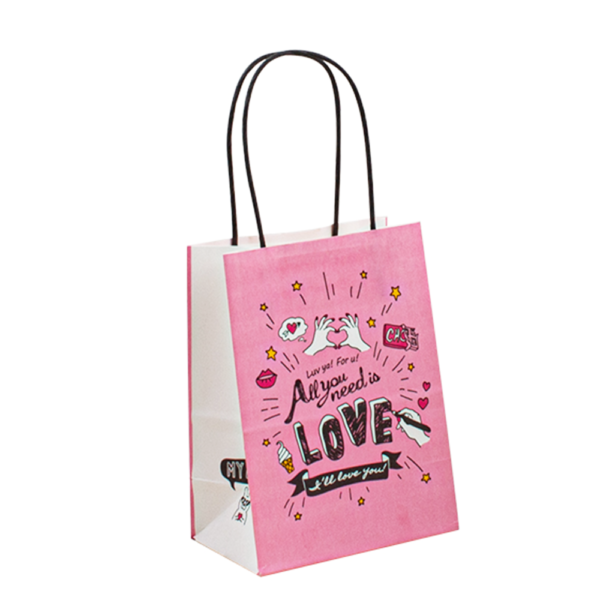 recycled kraft gift takeaway bag showing custom logo printing, small or large sizes and export carton packing