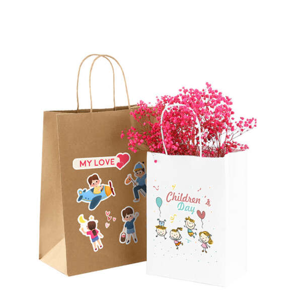 Printed restaurant carryout kraft handle bag for branded paper packaging