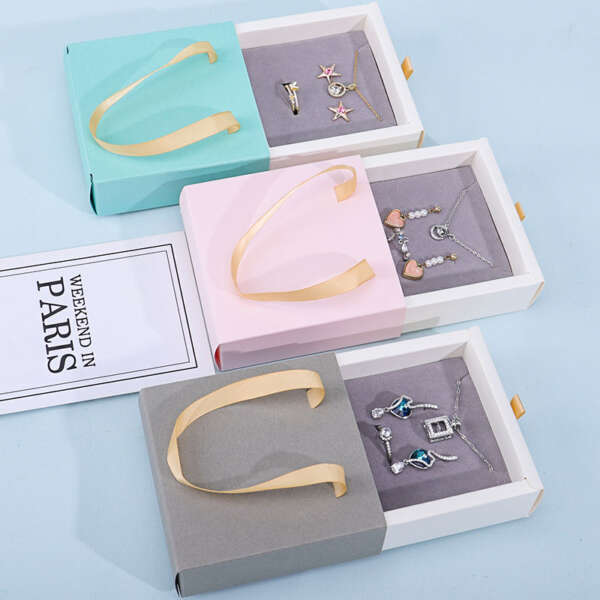 printed recyclable drawer cardboard jewelry set box with pouch bag - front view