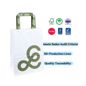 white takeaway paper bag with handle and flexo printed logo front view