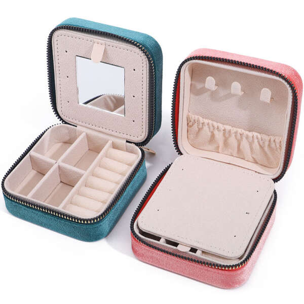 travel jewelry mirror storage box for earrings necklace ring - detail view
