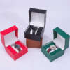 custom logo travel watch box with PU leather inside and black wood detail - detail view