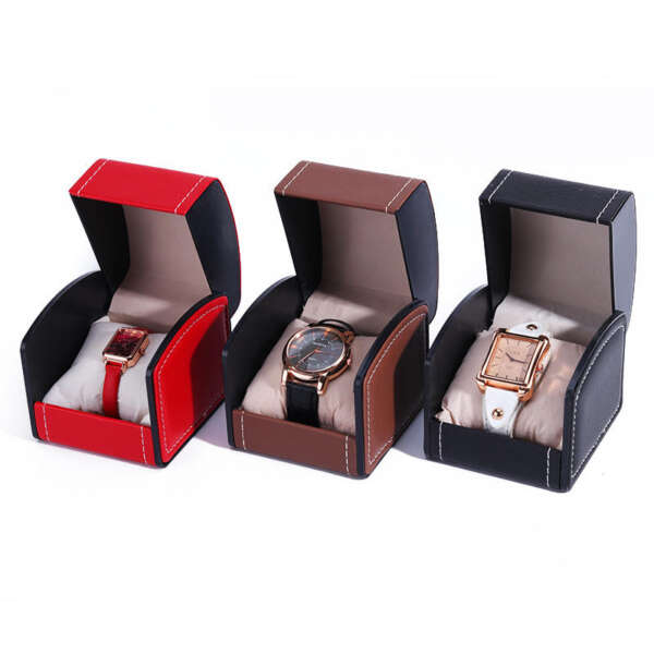 solid color PU leather flip watch box for mechanical watch travel case - detail view