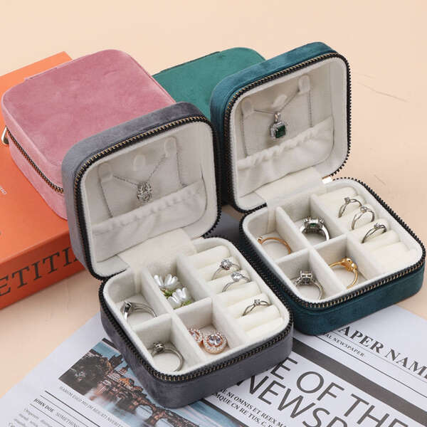 square portable zipper jewelry storage box for earrings necklace pendant - front view