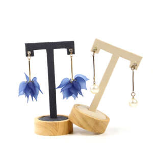 Three piece earring display prop with wood finish
