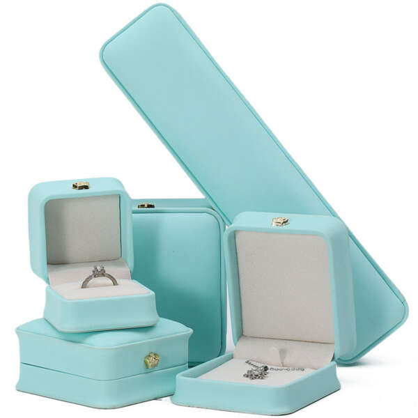 sky blue crown leather jewelry box for bracelet pendant necklace ring - front view