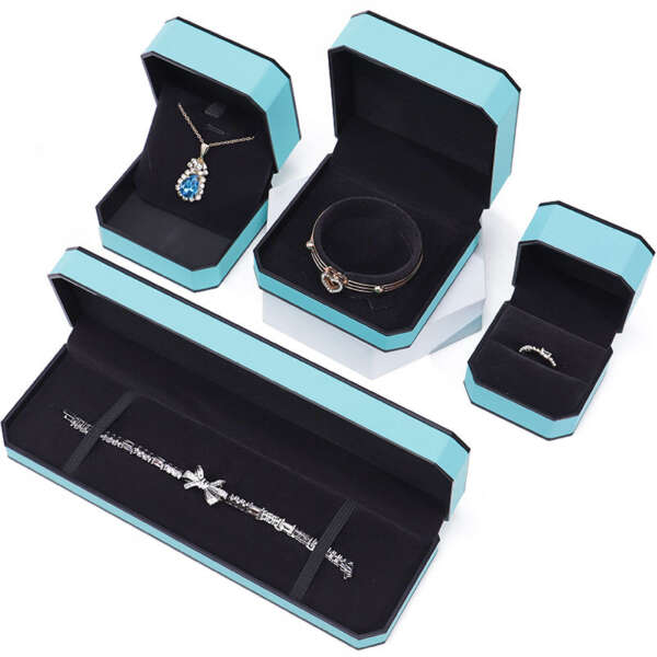 cyan leather custom logo jewelry box for necklace earrings - detail view