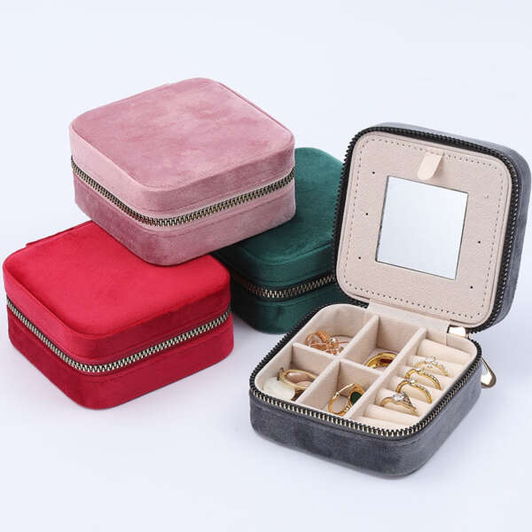 square portable zipper jewelry box with mirror for earrings necklace pendant - custom logo option